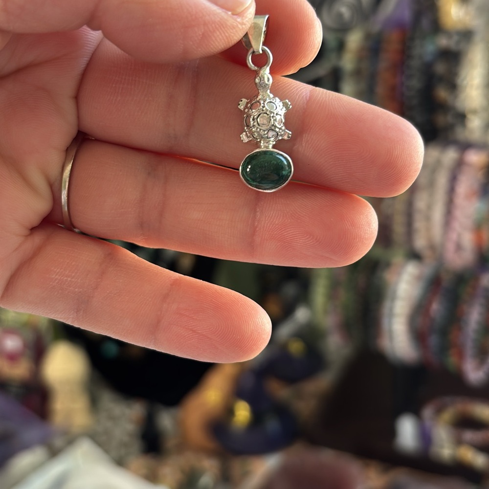 Silver Turtle Pendant with Green Stone